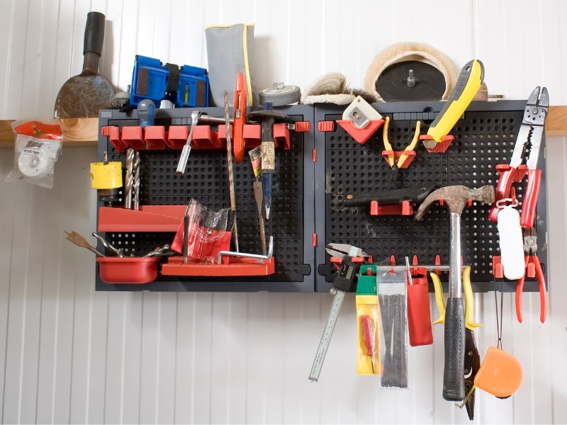 tools in pegboard for tool shed organization