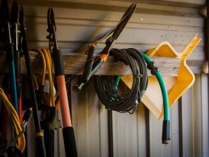 yard tools in a shed